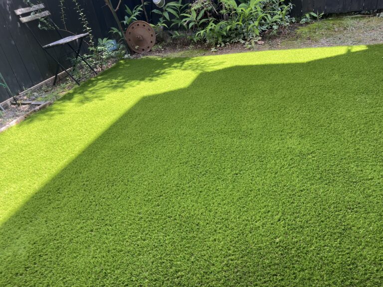 素振りで土がむき出しになる日陰の庭を年中緑の芝生に（施工後）