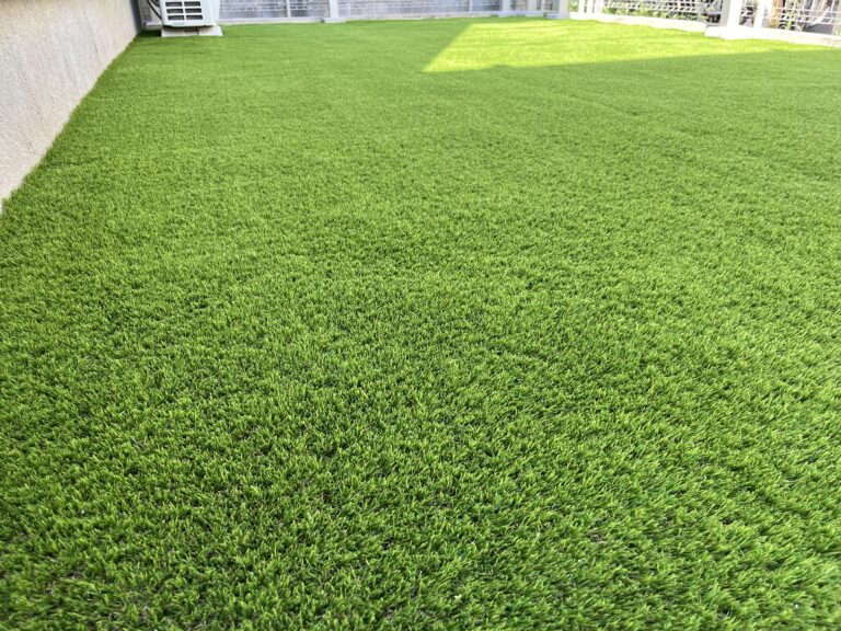 取りきれない雑草と苔のお庭をBBQも楽しめる明るい緑に（施工後）
