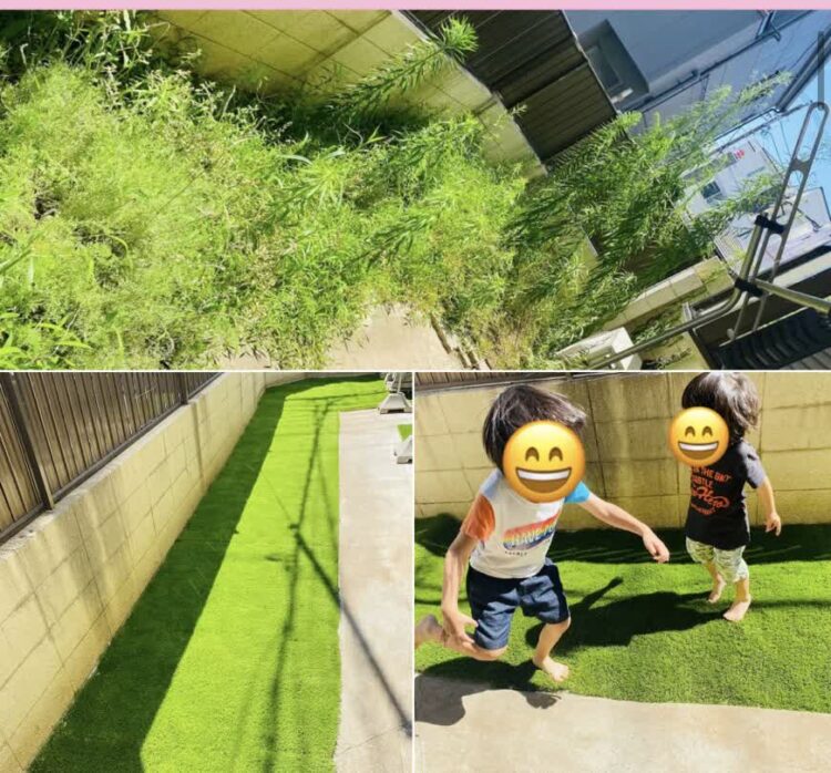 江東区・草が生い茂っていた通路が、お子様も大はしゃぎの人工芝スペースに一新