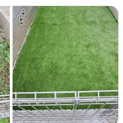 草取りに追われていた裏庭を奥まで続く緑の小道に｜国分寺市の人工芝施工事例