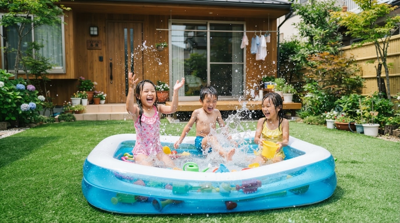 芝キング 子どもが人工芝の上でプール・水遊びを楽しむ夏の庭