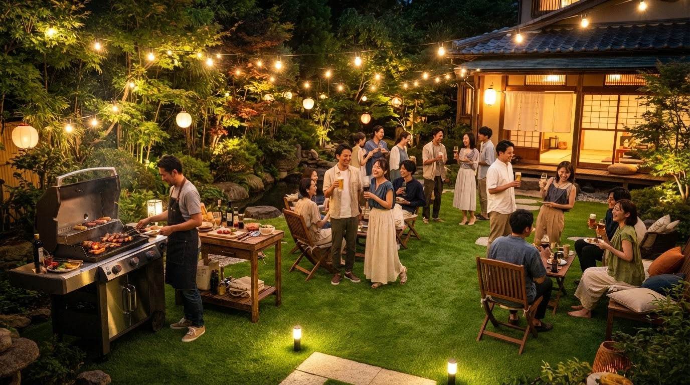 芝キング 夏の夜 ガーデンパーティ 人工芝の庭