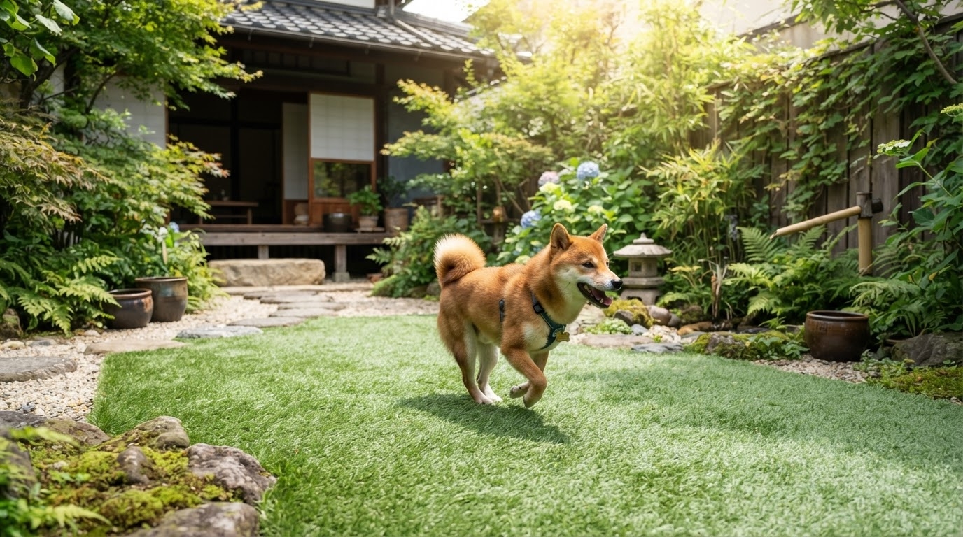 芝キング 夏の人工芝で犬を安全に遊ばせる庭