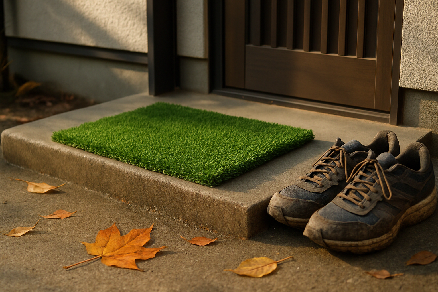 人工芝の端材で玄関の泥落としマット
