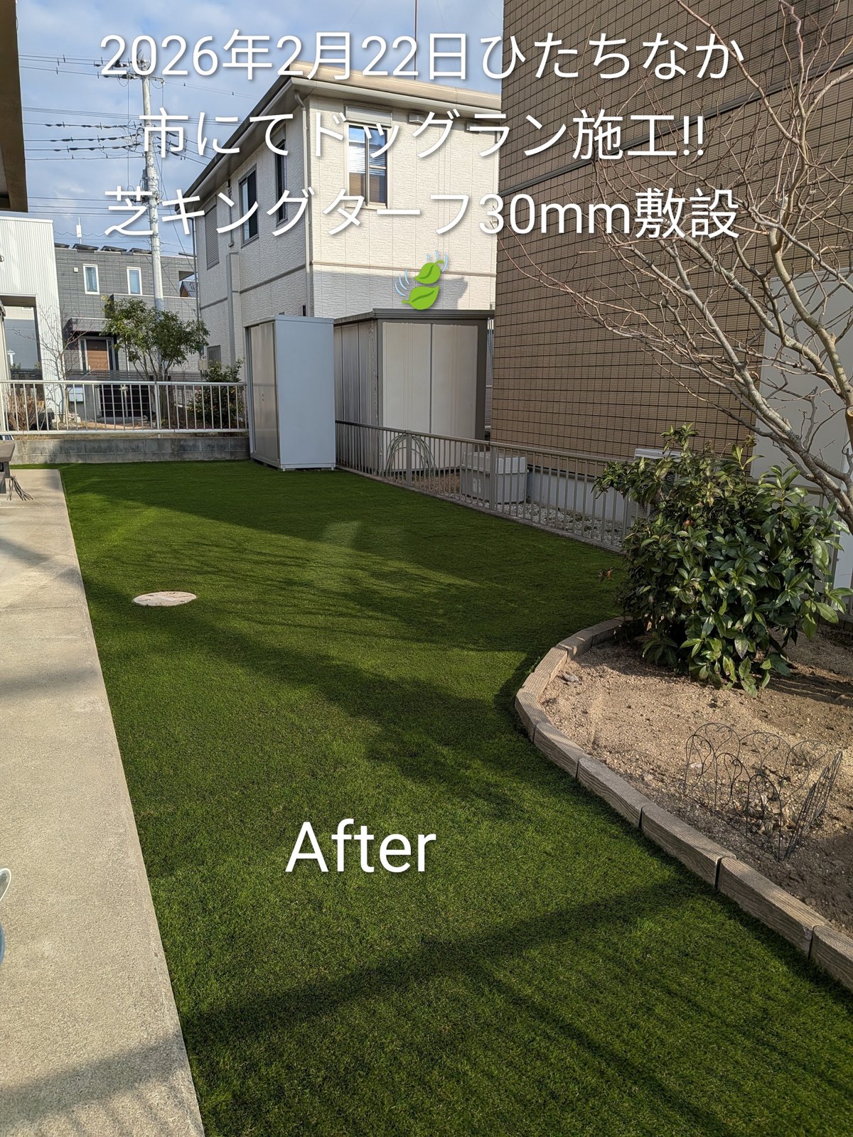 施工後：ドッグラン用に人工芝を敷いたお庭