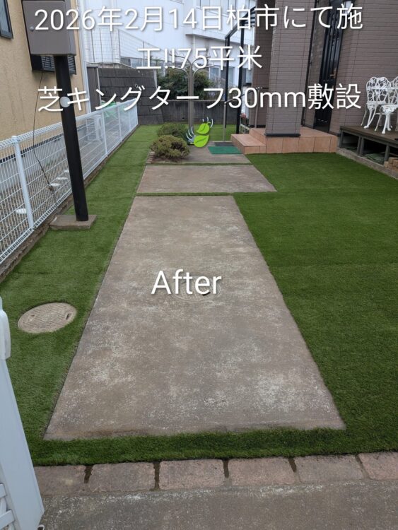 コンクリート通路を挟んだ庭を左右そろえて敷き詰めた緑に｜柏市の人工芝施工事例