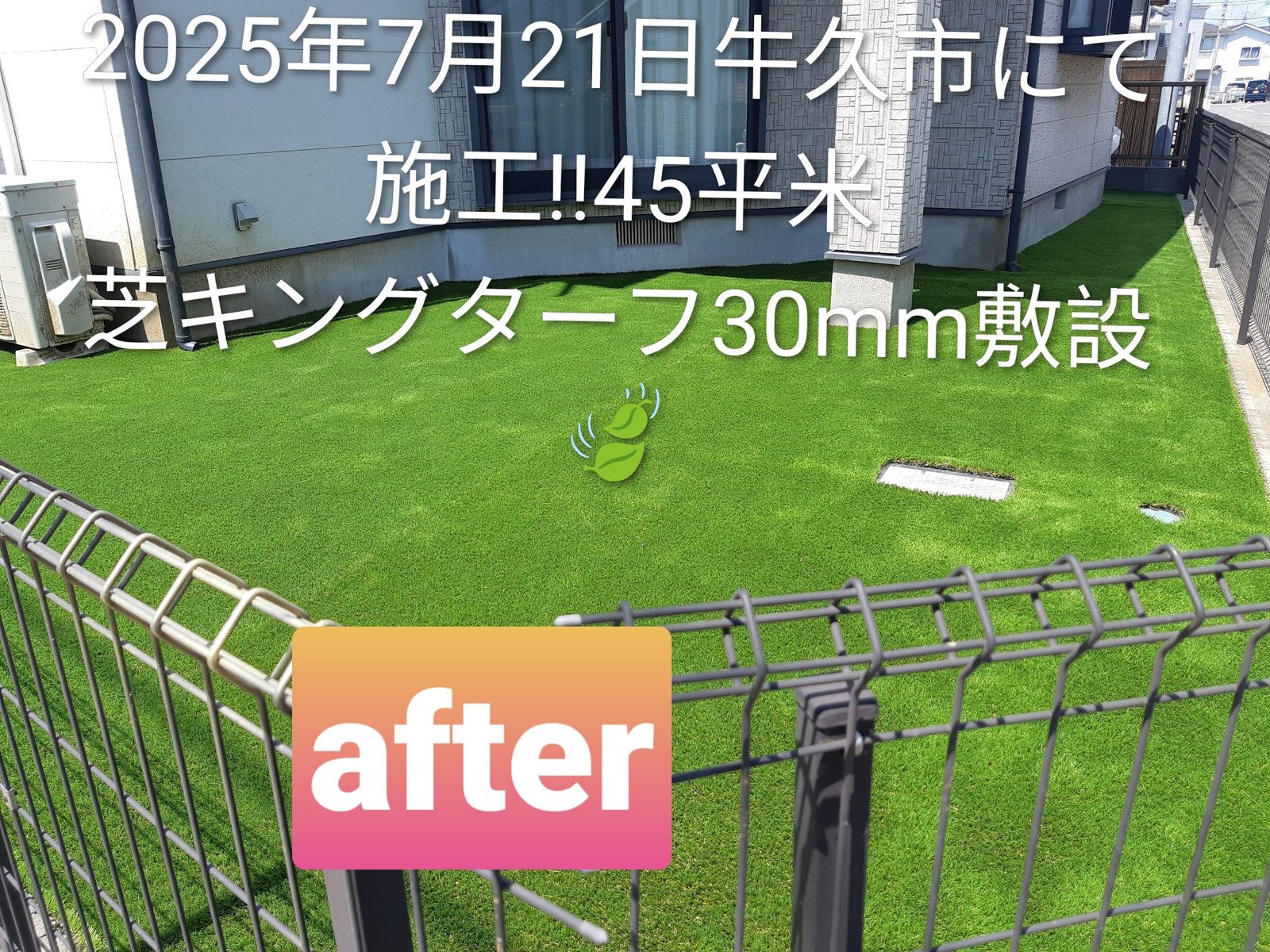 施工後：フェンスの内側の前庭が人工芝に