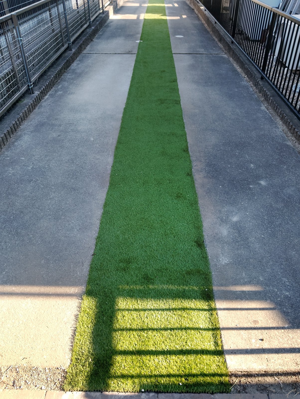 施工後:犬走りの土の帯が人工芝の通路に